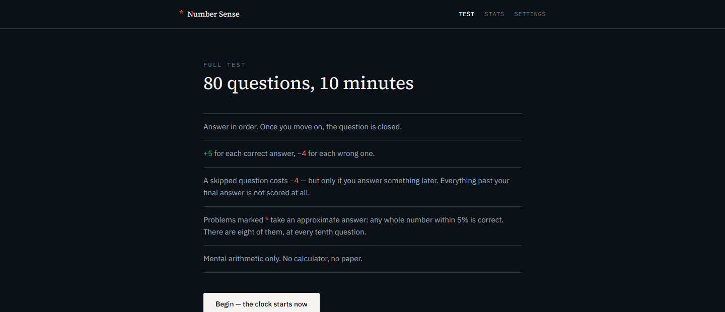 The full test screen, listing the contest rules: answer in order, plus five for correct and minus four for wrong, skipped questions costing four only if you answer later, and eight starred problems accepting any answer within 5%.