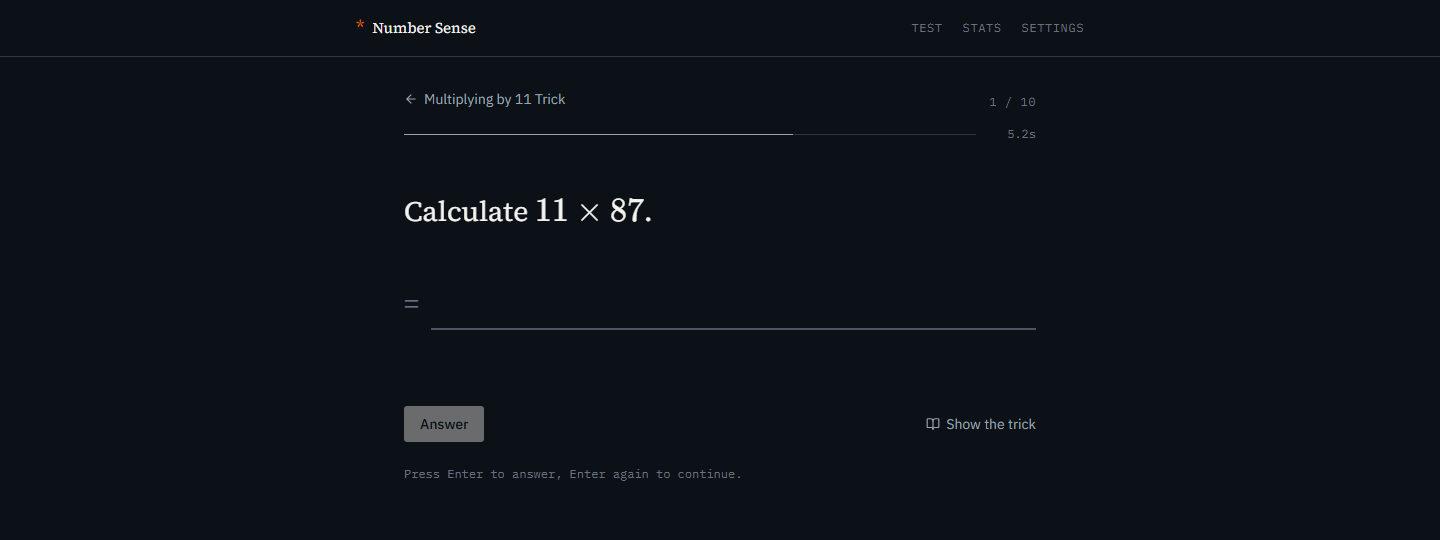 A practice question: Calculate 11 times 87, with an answer field, a running timer, a question counter reading 1 of 10, an Answer button and a link to show the trick.
