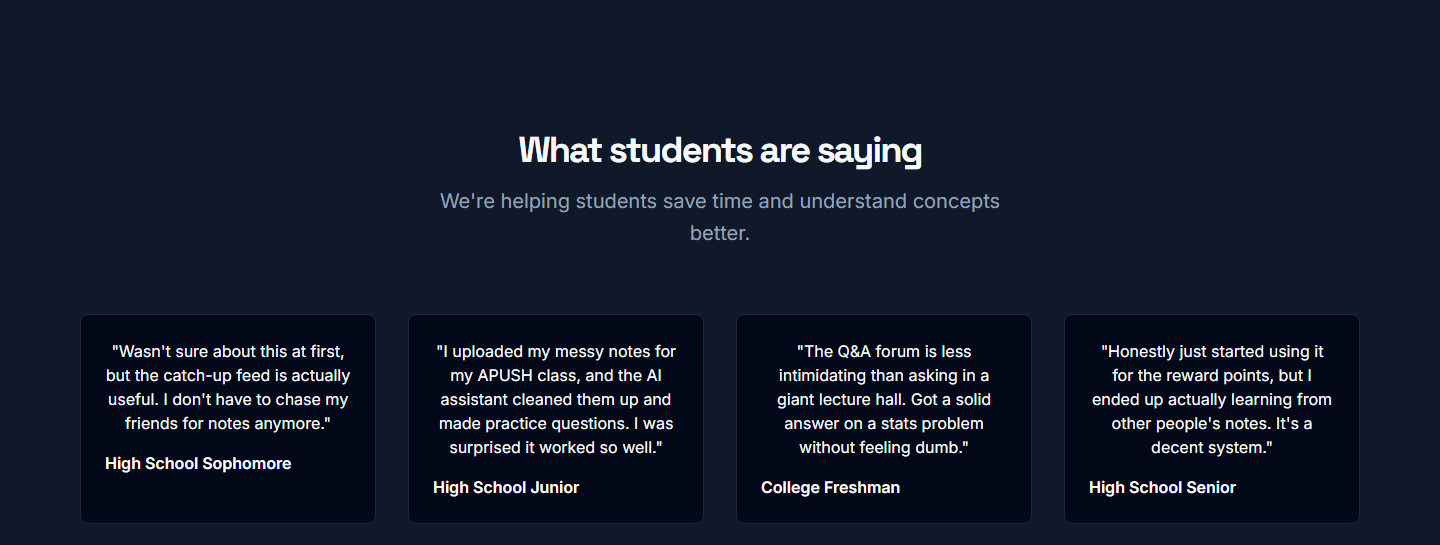 The testimonials section, showing quotes from high school and college students about the catch-up feed, the AI note cleanup and the question and answer forum.